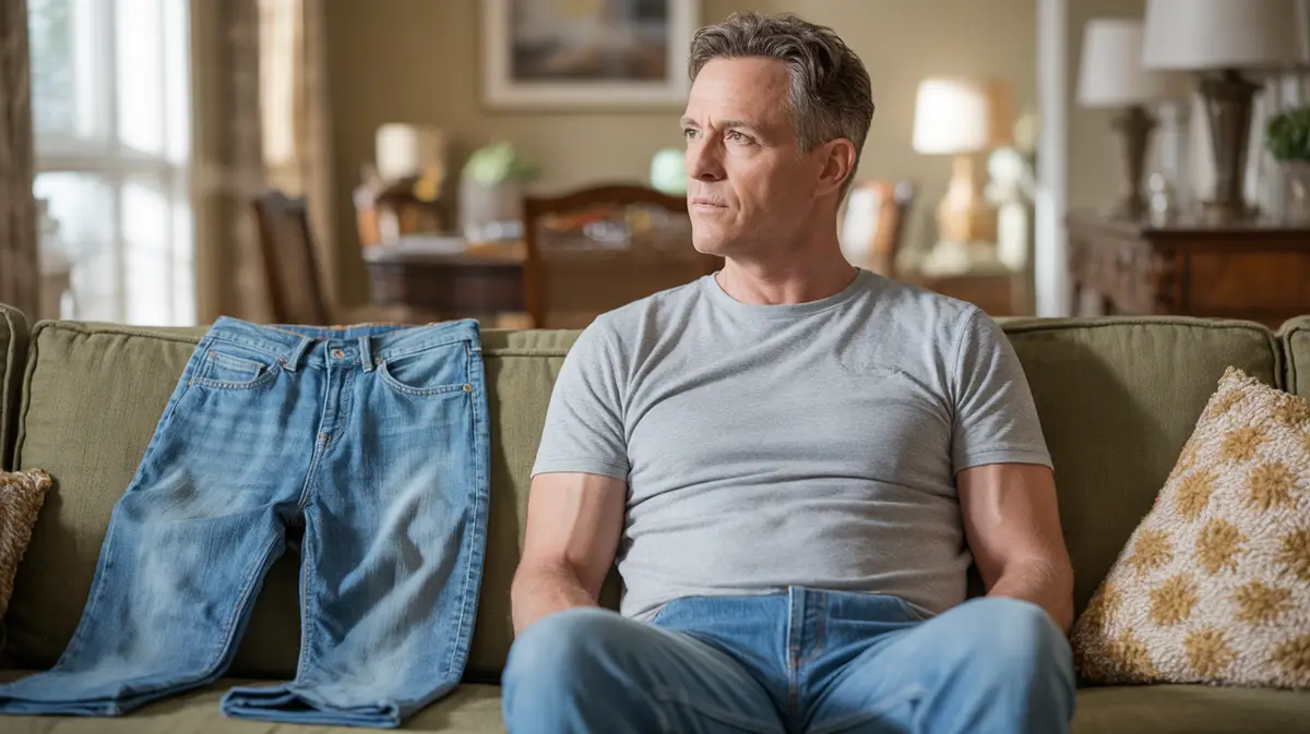 Lean man in his fifties seated at home after weight loss