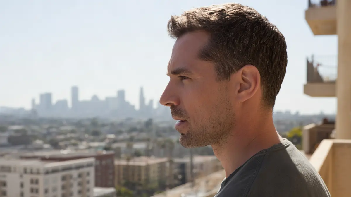 Side profile of a man showing his jawline on a balcony
