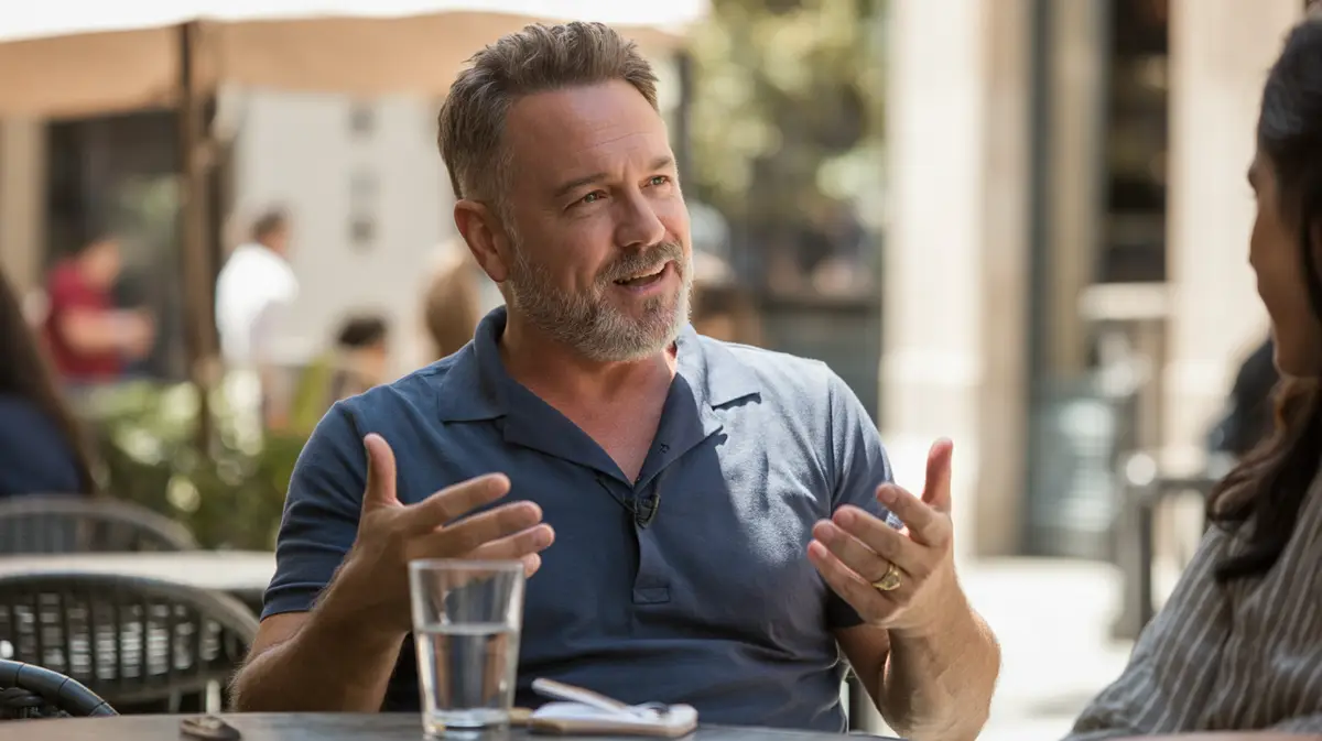 Man in his fifties talking at an outdoor cafe table