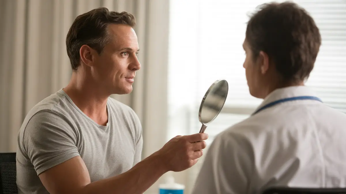 Man in his forties checking his cheek profile in a mirror