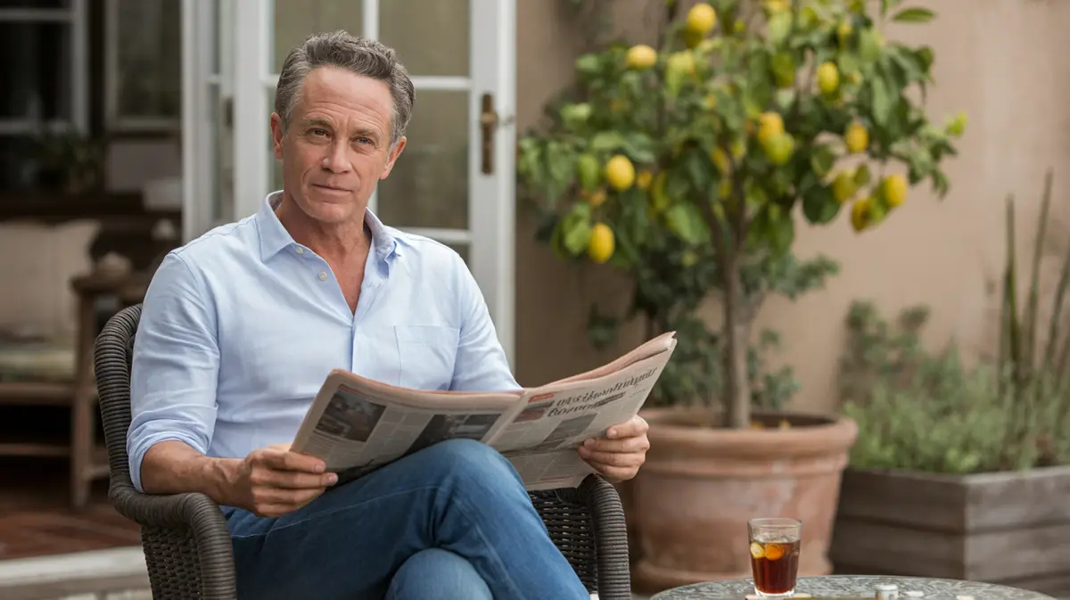 Man in his sixties reading on a shaded backyard patio