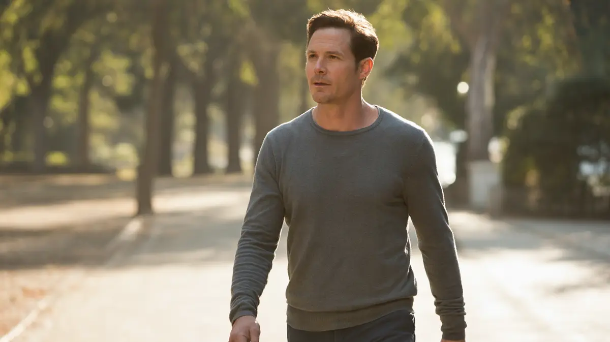 Man in his forties walking in a park, jawline in profile