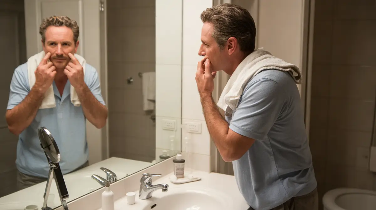 Man massaging his cheeks at a bathroom mirror