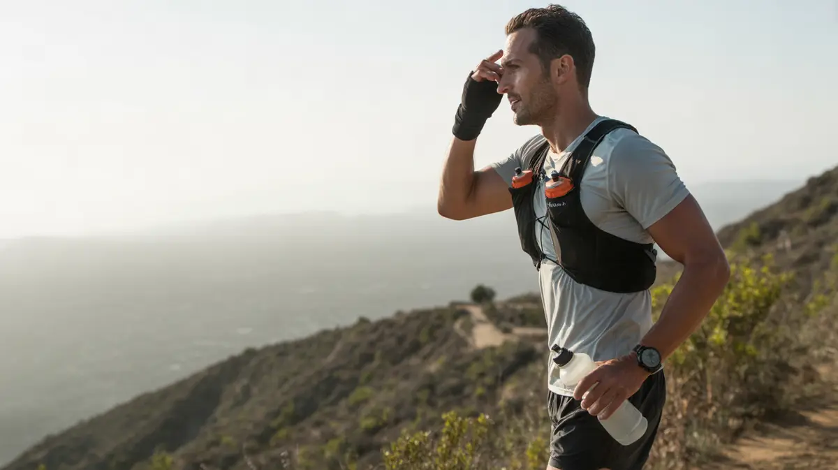 Lean runner in his forties pausing on a trail at sunrise