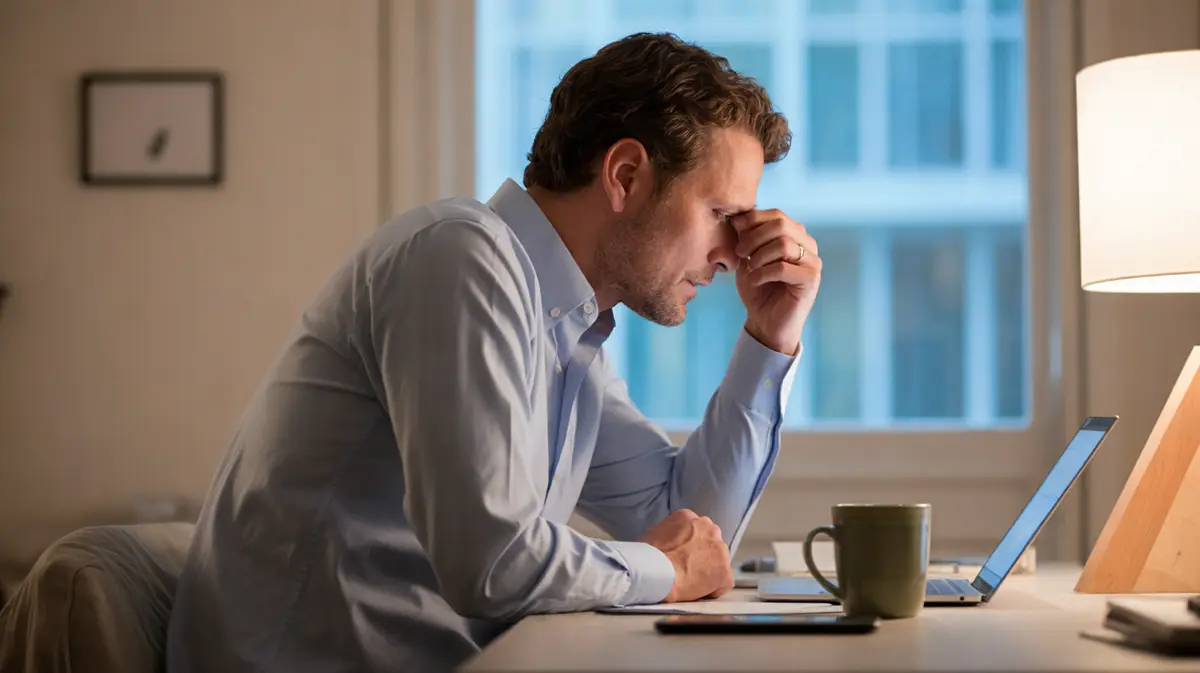 Tired man in his thirties at a home office desk at dawn