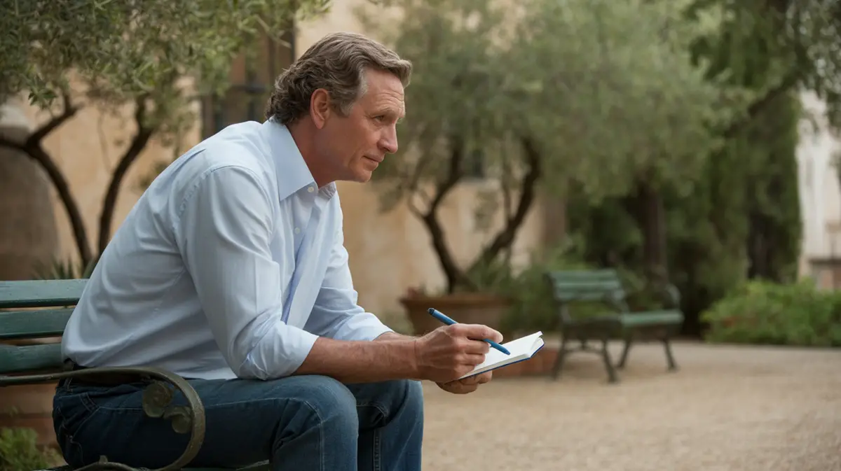 Man in his sixties reading notes on a garden bench