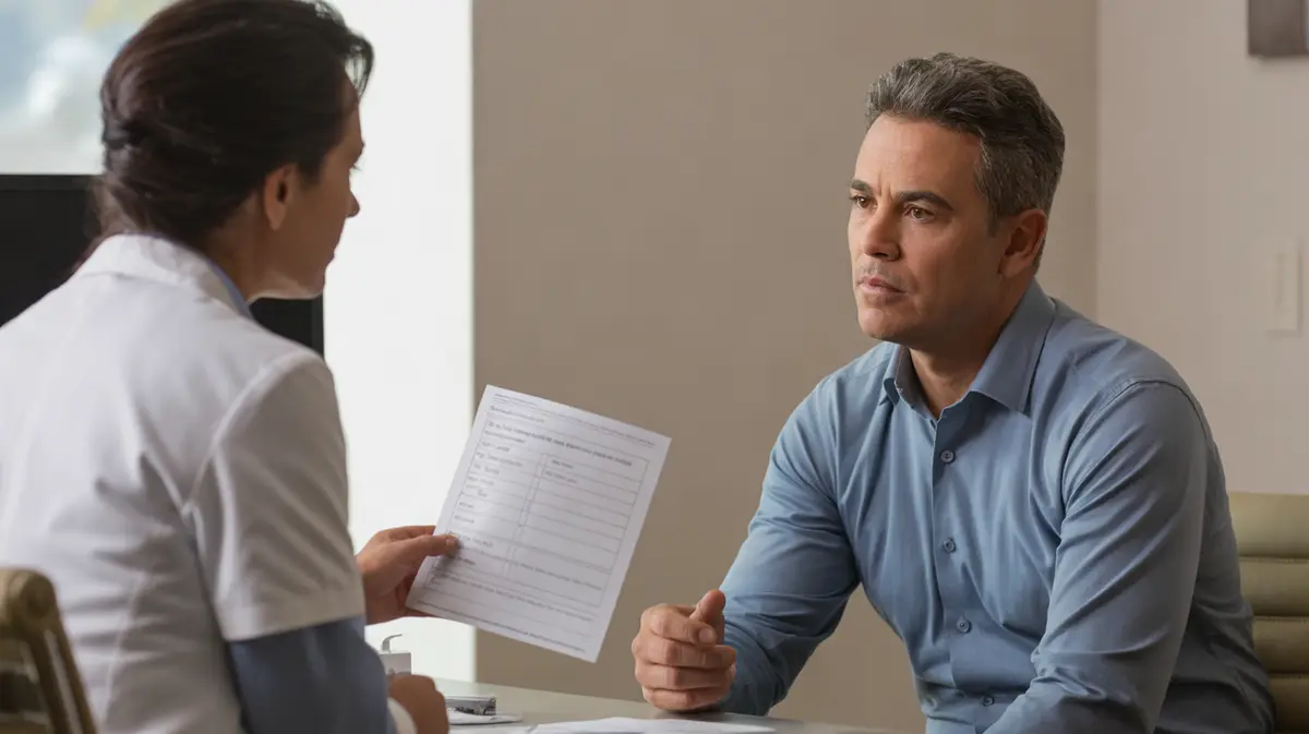 Man in his fifties reviewing an instruction sheet in a consult room