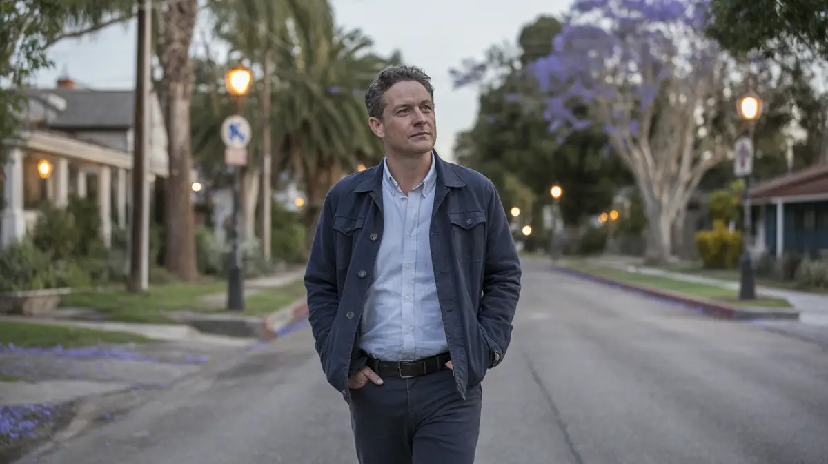 Thoughtful man in his fifties walking a quiet street at dusk