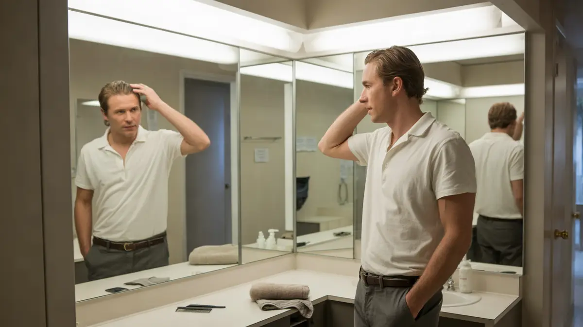 Man in his forties checking evenly thinning hair in a mirror