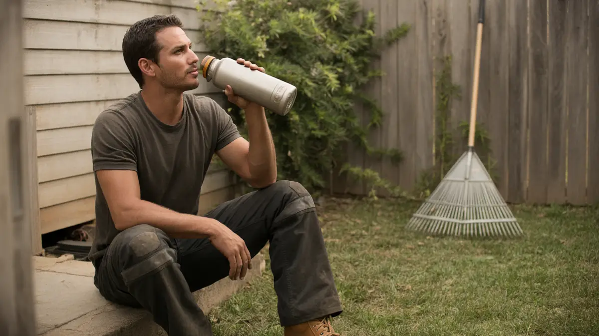 Man in his thirties rehydrating after yard work on a hot day