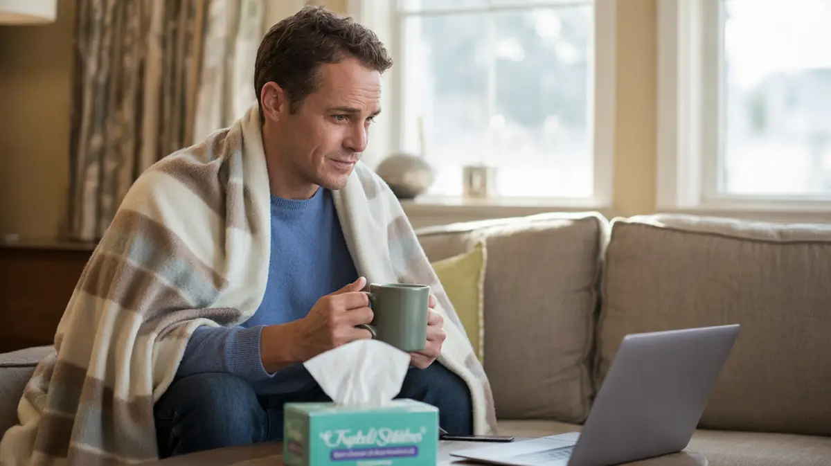 Man in his forties resting at home with tea by a window
