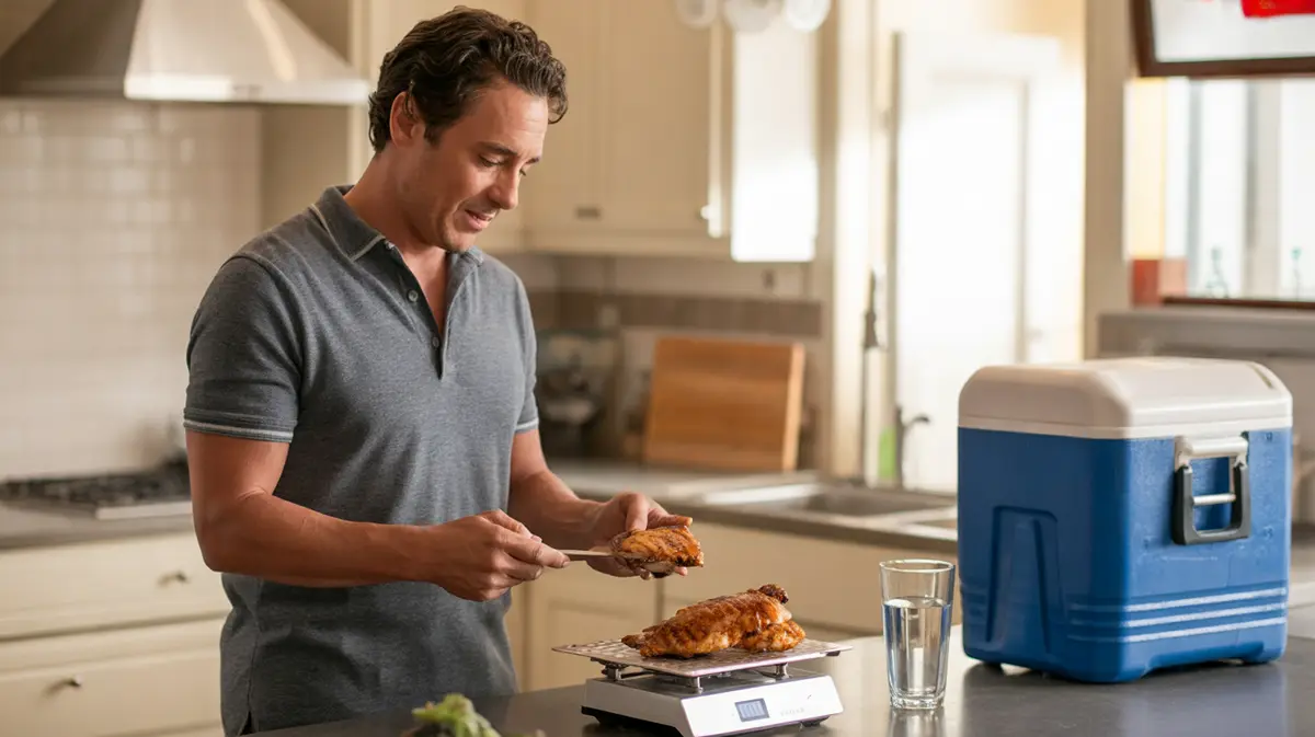 Man measuring a protein portion in a sunny kitchen