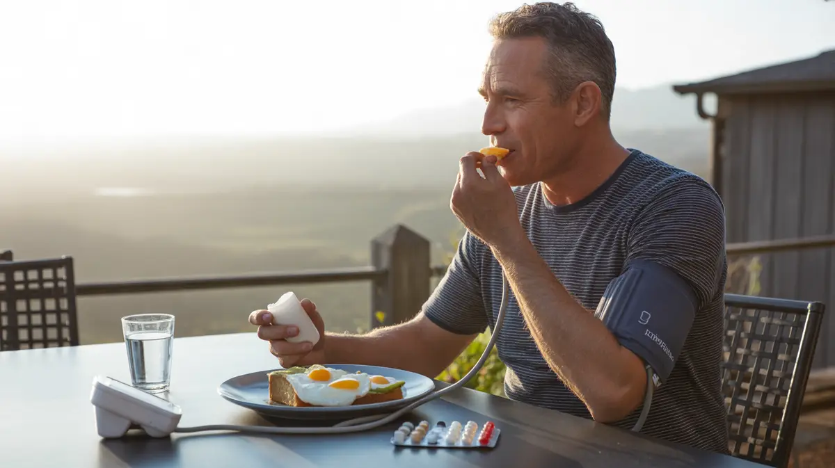 Man at breakfast with a home blood pressure cuff