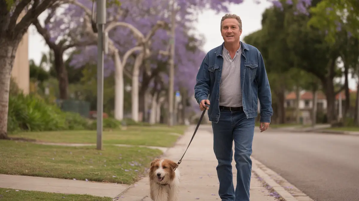 Man walking his dog on a suburban street at dusk