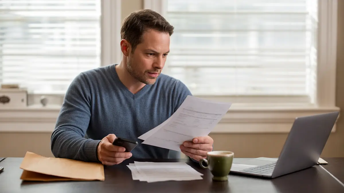 Man scanning lab reports at a home desk