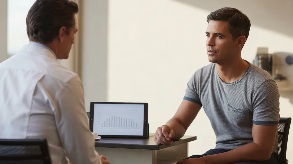 Man discussing lab results in a bright consultation room