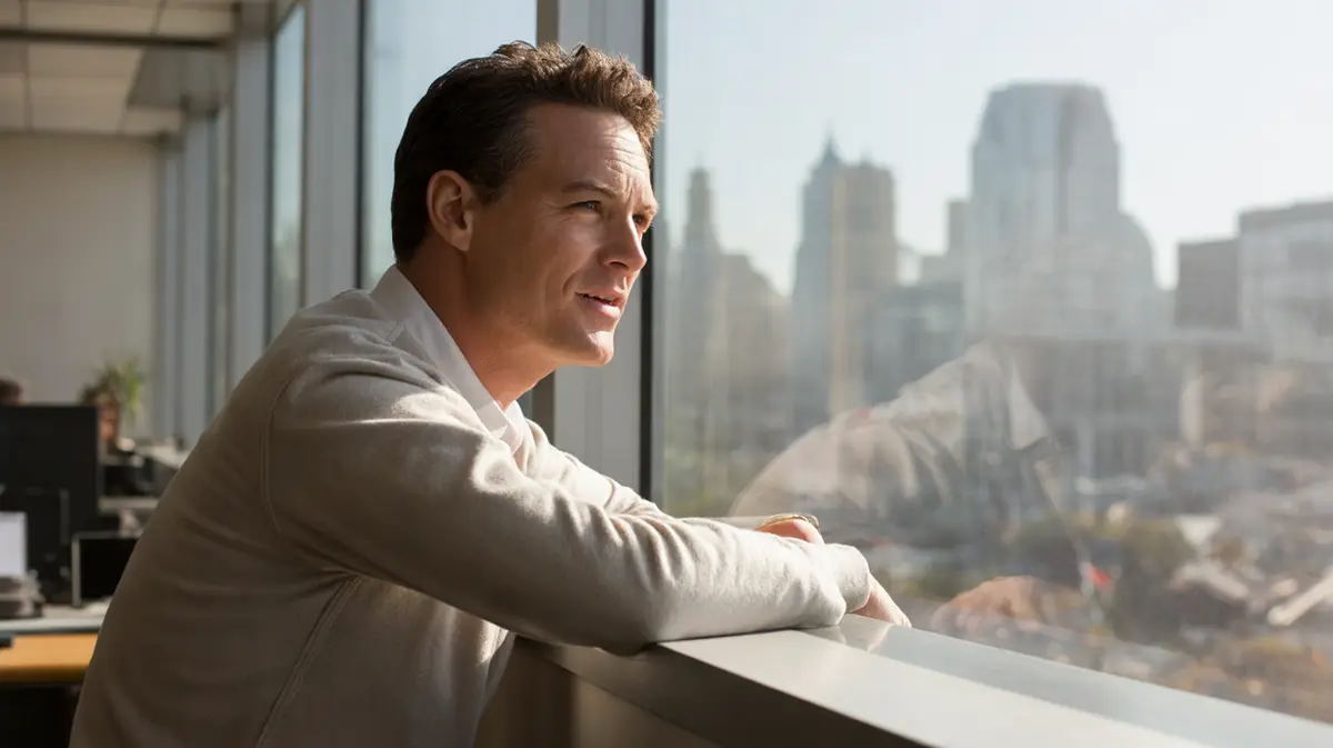 Man with expressive brows talking by an office window