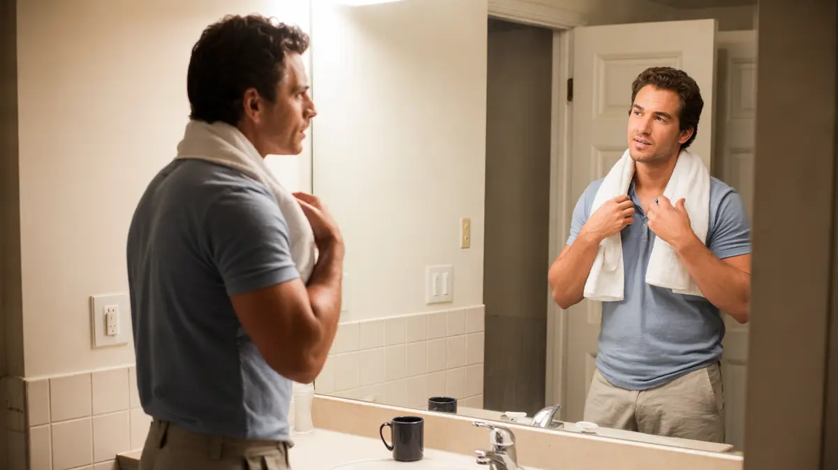 Man getting ready for work in a bright bathroom