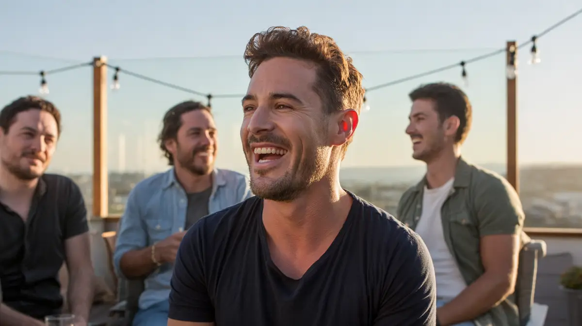 Young man laughing on a rooftop terrace at sunset