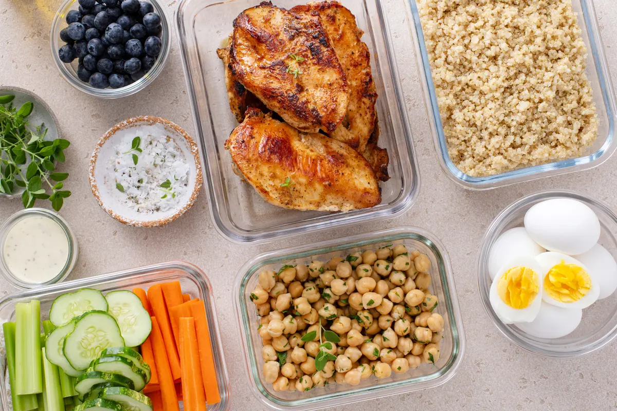 High-protein meal prep laid out on a counter