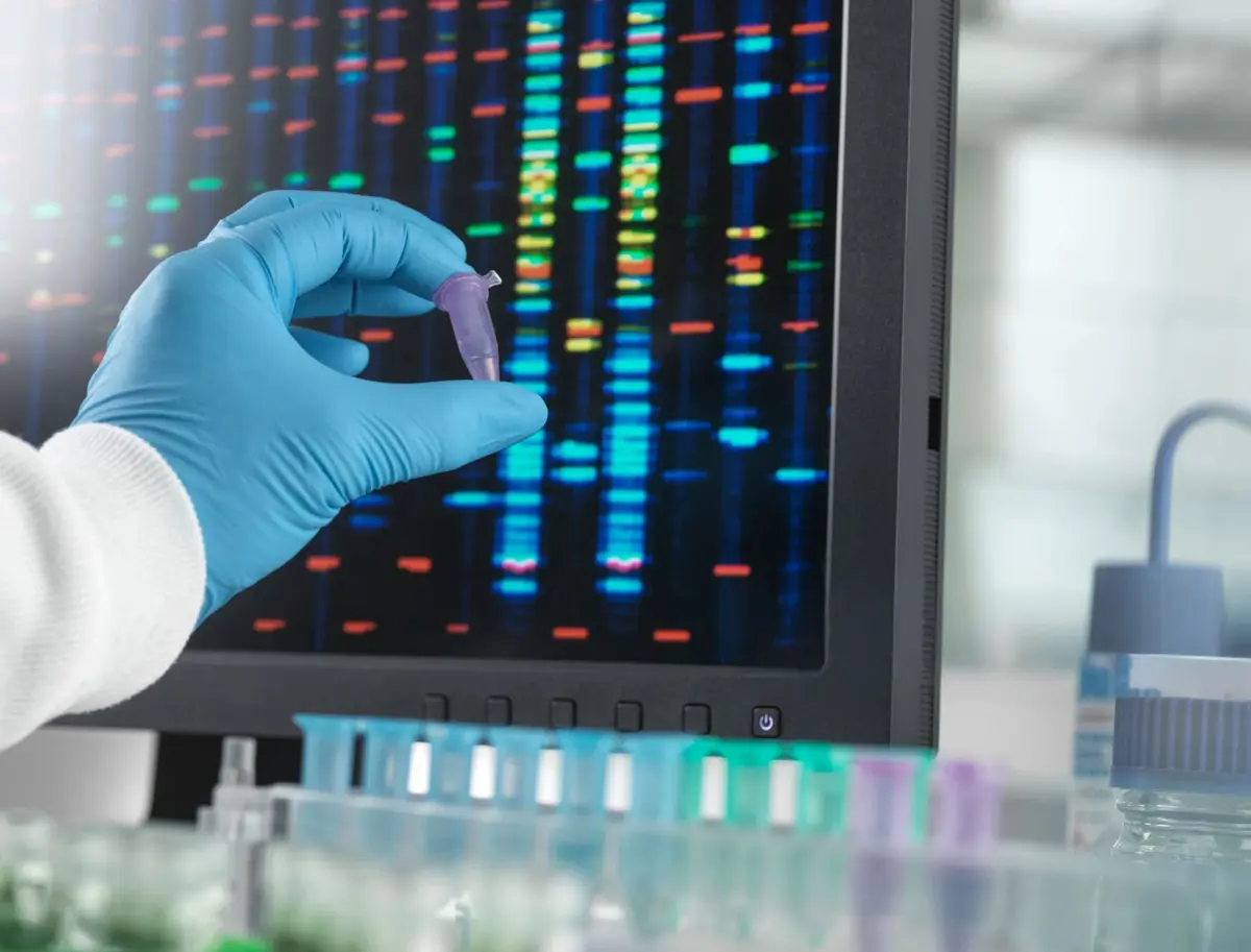 Lab sample held up to a screen of results