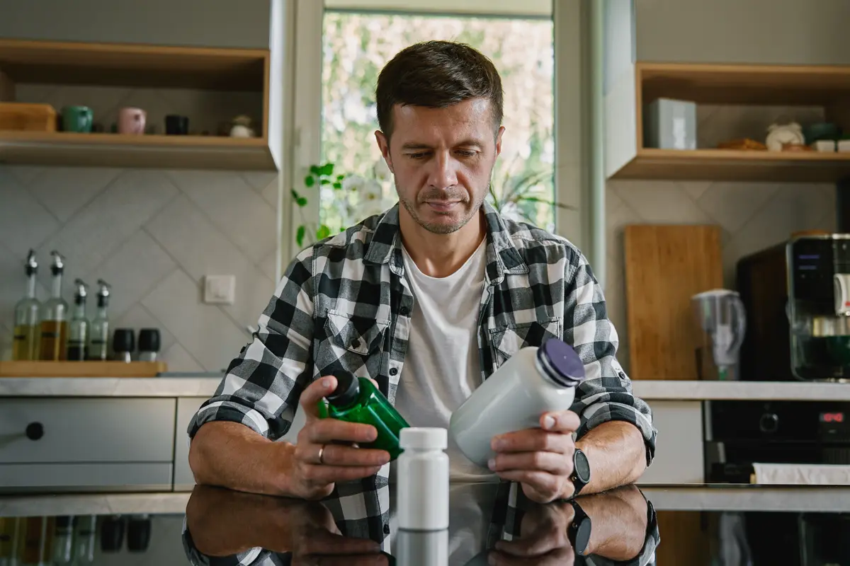 Man reading a medicine bottle label in his kitchen
