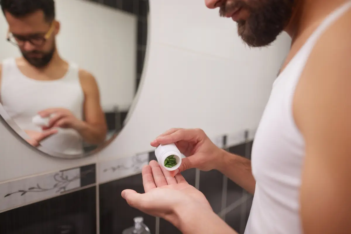 Man taking a pill in front of a mirror