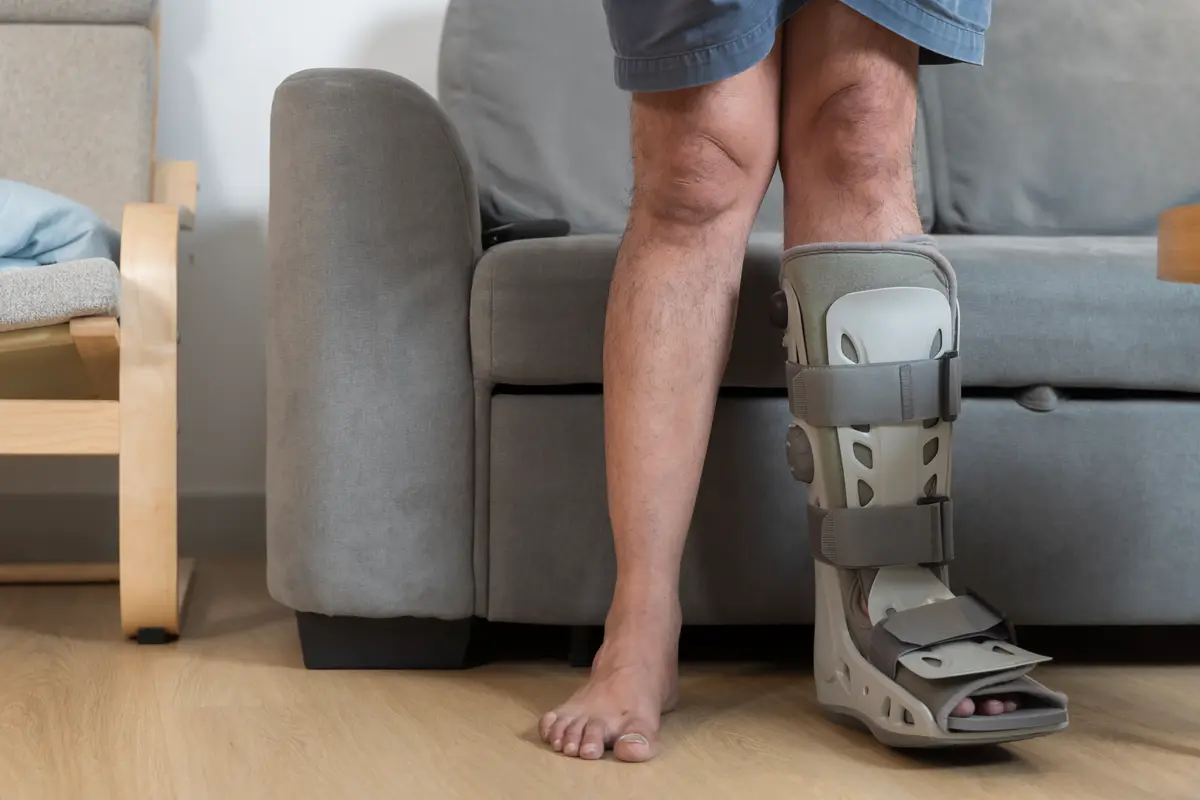 Man wearing a walking boot at home