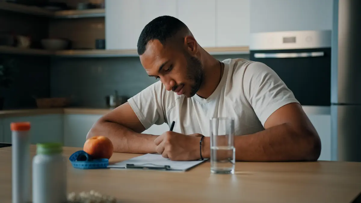 Man writing notes at his kitchen table