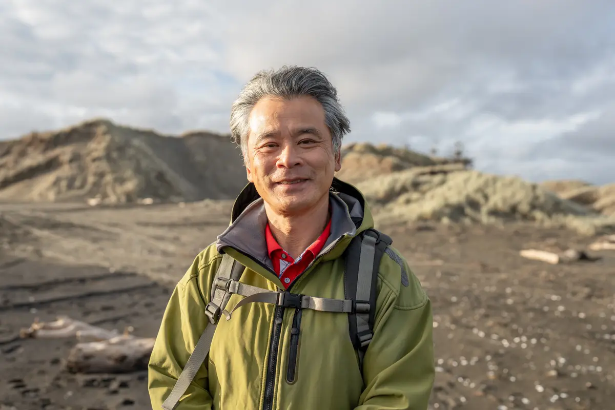 Older man hiking in a rugged landscape