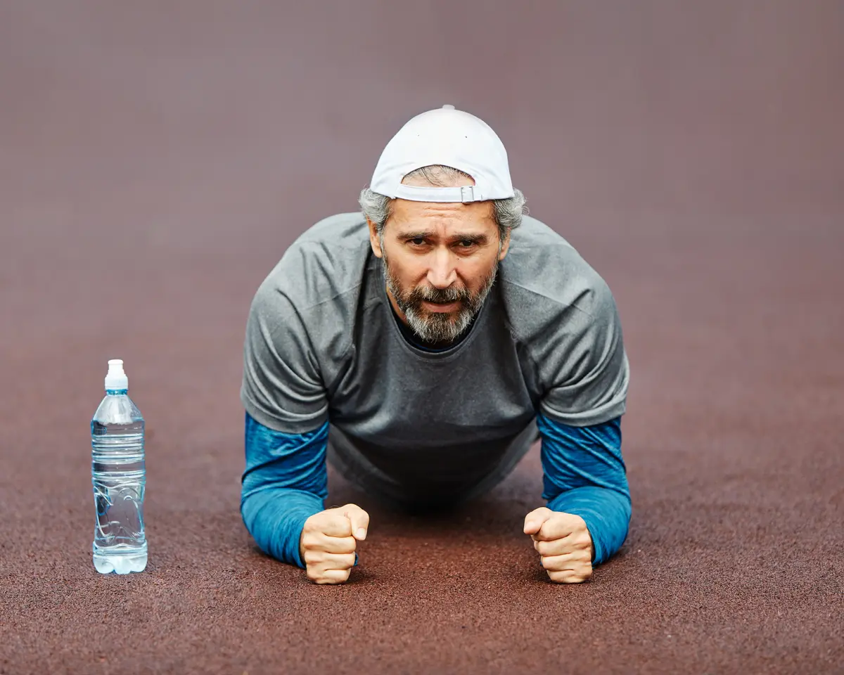 Older man holding a plank on a running track