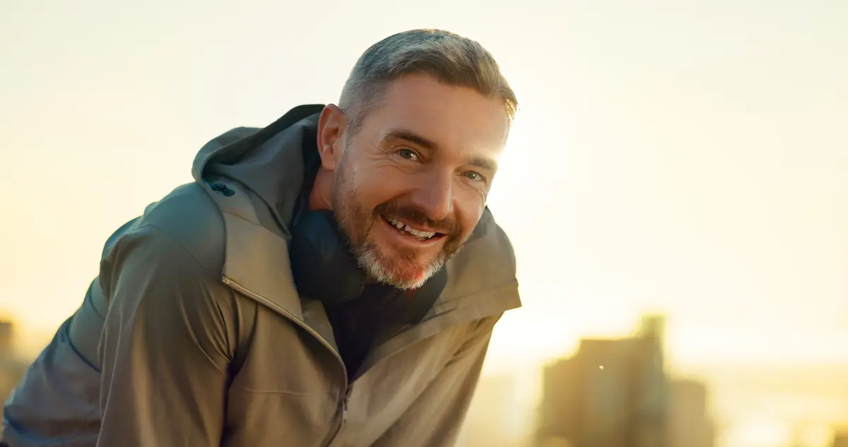 Smiling middle-aged man in a jacket outdoors at sunrise