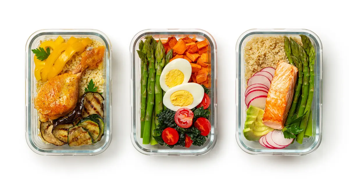 Three meal prep boxes with protein and vegetables